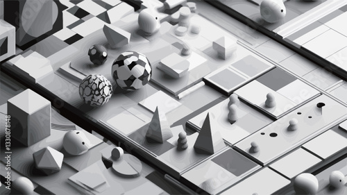 The image presents a digitally rendered, three-dimensional abstract composition featuring various grayscale geometric shapes.  These include cubes, spheres, cones, and other irregular forms