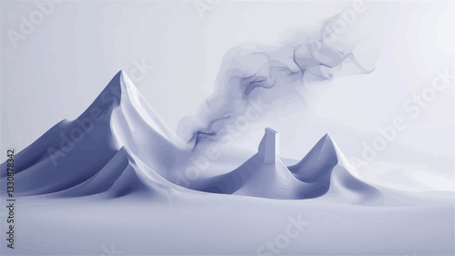The image is a digitally rendered, abstract representation of a volcanic landscape.  The color palette is predominantly muted blues and greys, with a smooth, almost liquid-like texture to the