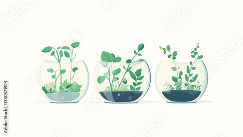 Illustration of three spherical glass terrariums, each containing different types of small green plants.  The plants vary slightly in height and leaf shape. The terrariums have a clear glass body