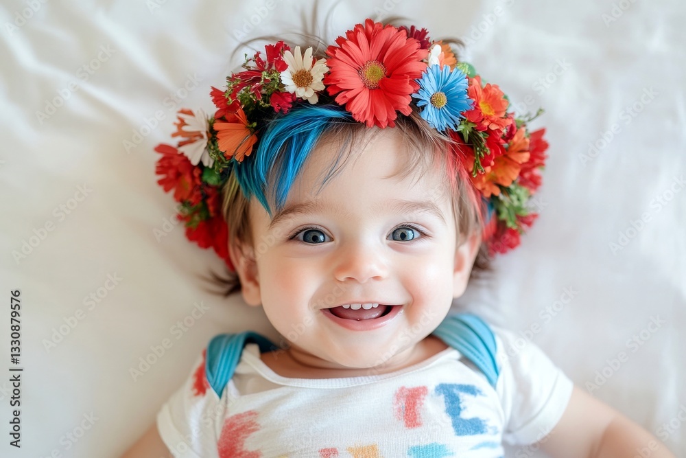 Happy caucasian toddler boy with multi-color hair wearing red flower crown on his head. Happy summertime holidays creative. Sunny daylight. Child’s peaceful summer happiness. Happy caucasian toddler boy with multi-color hair wearing red flower crown on his head. Happy summertime holidays creative. Sunny daylight. Child’s peaceful summer happiness.
