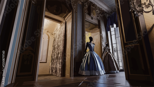 The image shows the interior of a building with rococo style architecture.  The walls are adorned with ornate, gilded moldings and paneling.  Two mannequins, dressed in elaborate period gowns of