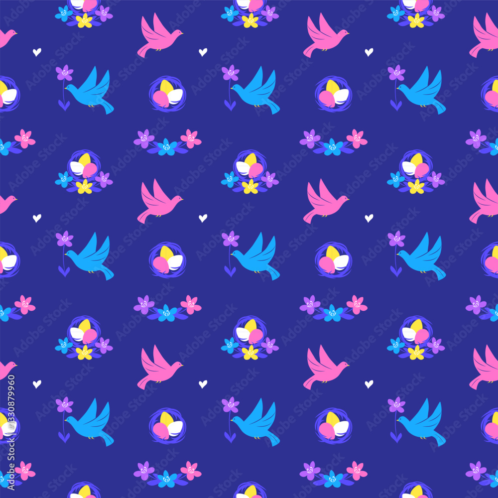 Fototapeta premium Easter seamless pattern with birds and nest full of colorful eggs on dark blue background, Vector illustration in modern flat style, Great for Easter design, wrapping paper, fabric, textiles, wallpape