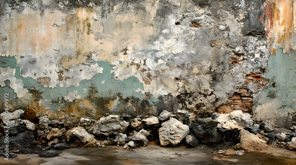 Fototapeta premium Weathered wall texture; aged stone and decaying plaster; background image for design projects.