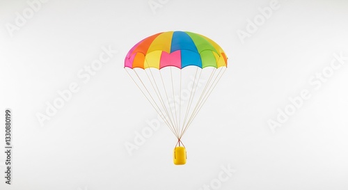Colorful toy parachute gently floats against bright white background. AI Generated