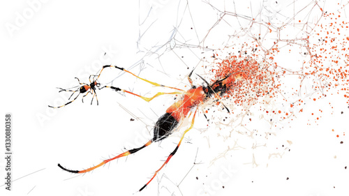 A detailed close-up shot depicts a struggle between a spider and a wasp. The spider appears to be caught in a web with the wasp possibly attacking or already having killed it. The image features a