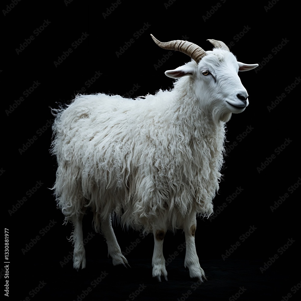 Fototapeta premium Dramatic image of a fluffy white goat against a dark background highlighting its majestic presence : Generative AI