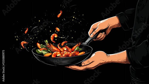 Vibrant Cooking Scene with Shrimp and Fresh Ingredients for Culinary Enthusiasts : Generative AI