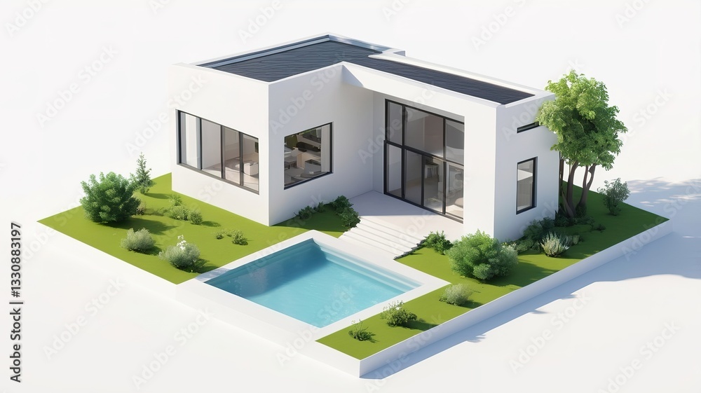 Fototapeta premium A small modern minimalist house isometric perspective,&nbsp;3D model miniature