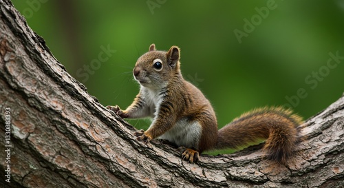 Alert Red Squirrel Perched on Tree Branch Soft Light. AI Generated