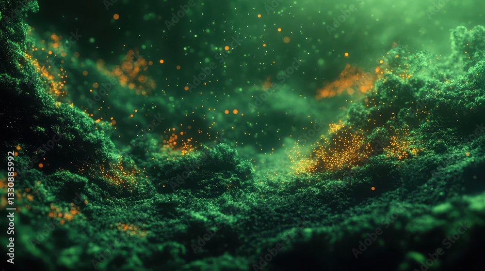 Obraz premium Ethereal Green Landscape with Glowing Particles and Mystic Atmosphere Perfect for Fantasy Themes and Digital Art Projects