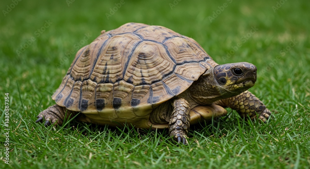 Slow Tortoise Crawls Lush Green Grass Sunlight. AI Generated Slow Tortoise Crawls Lush Green Grass Sunlight. AI Generated