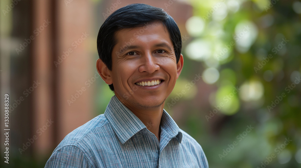 A smiling, friendly Latino man stands in front of a tree. A smiling, friendly Latino man stands in front of a tree.