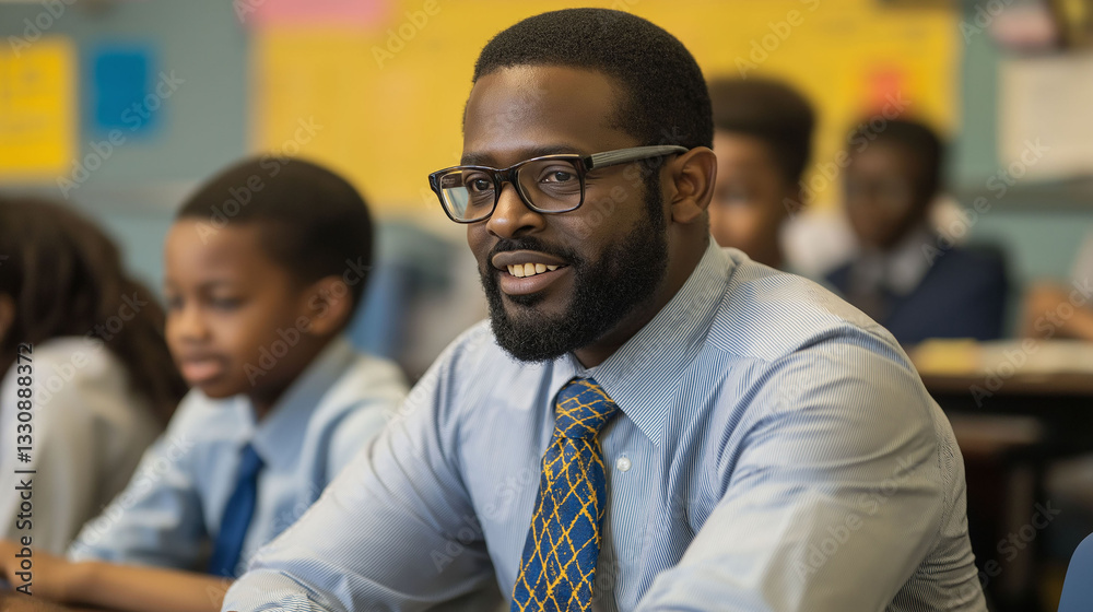 Obraz premium An African American teacher sitting in a classroom with his students