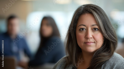 A Latina businesswoman in her 40s, with blurred coworkers in the background
