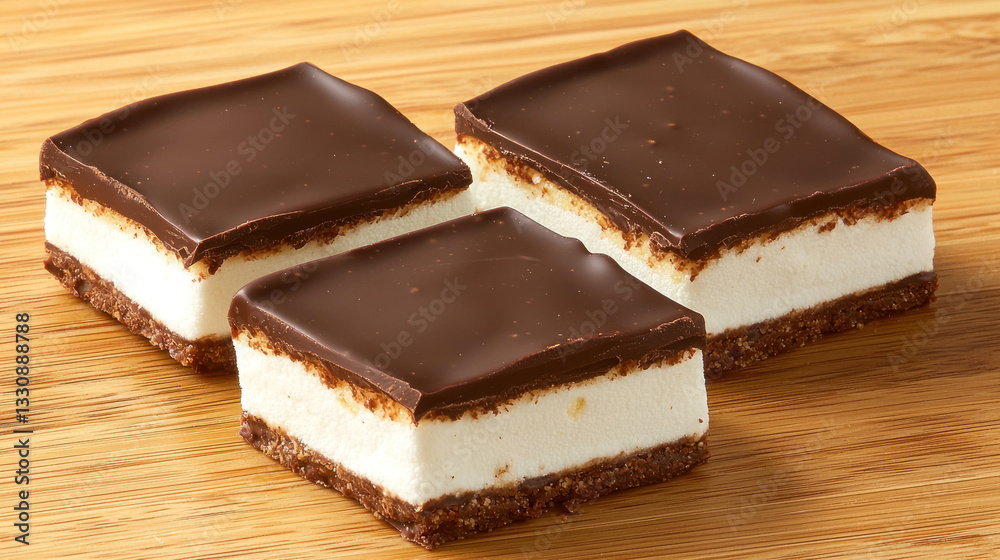 Three chocolate covered marshmallow squares on wooden surface Three chocolate covered marshmallow squares on wooden surface