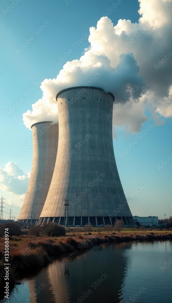 Cooling tower plumes billowing from nuclear facility, landscape, steam Cooling tower plumes billowing from nuclear facility, landscape, steam