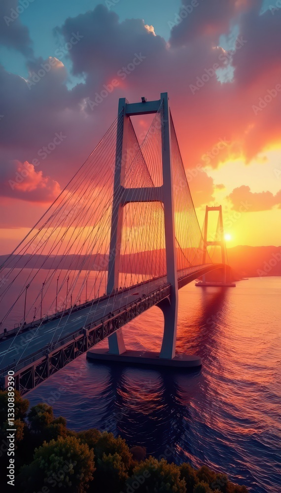 Obraz premium Curved suspension bridge with dynamic lines against sunset, landscape, silhouette, construction