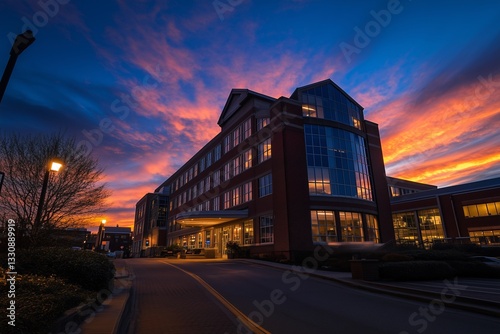 As the sun sets, a red brick building looks very warm and quiet against the gorgeous sunset glow