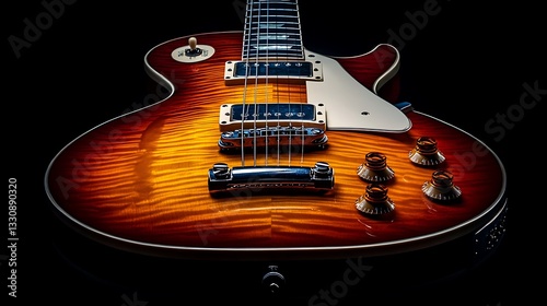 Brown electric guitar close-up view with black background, musical instrument and art equipment