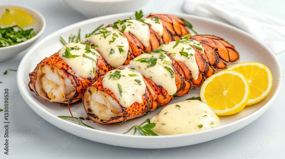 Flat lay of succulent lobster tails drizzled with rich clarified butter and adorned with vibrant green herbs presented in an elegantly styled culinary composition on a plate Flat lay of succulent lobster tails drizzled with rich clarified butter and adorned with vibrant green herbs presented in an elegantly styled culinary composition on a plate