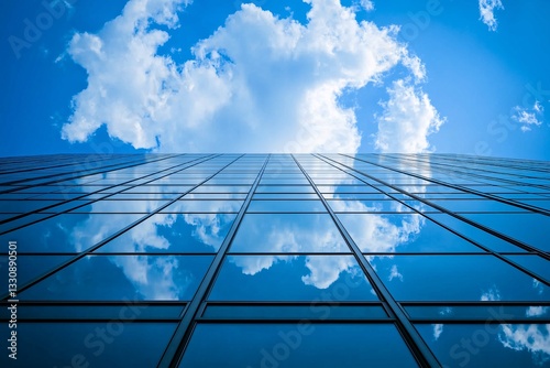 The glass curtain wall of this tall building is particularly spectacular, reflecting the blue sky and white clouds

