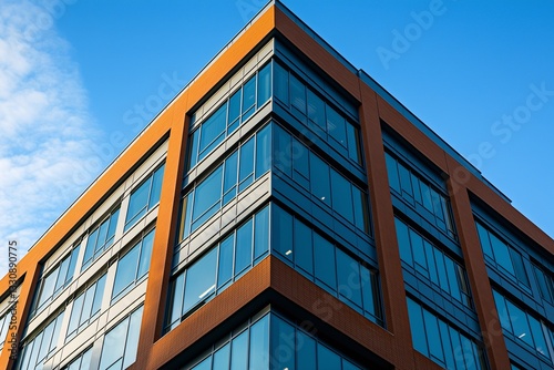 The exterior walls of the modern building are made of glass and dark metal, which stand out in the sunlight.
