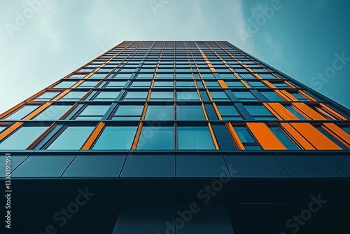 The tower's exterior walls are made of blue and orange glass, and the design is modern and vibrant