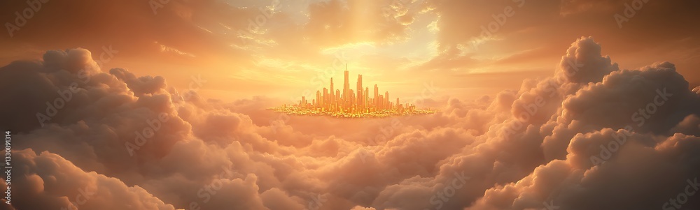 A majestic cityscape rises above golden clouds at sunset, radiating warmth and serenity.