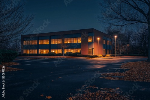 The modern office building looks very warm in the light of the night