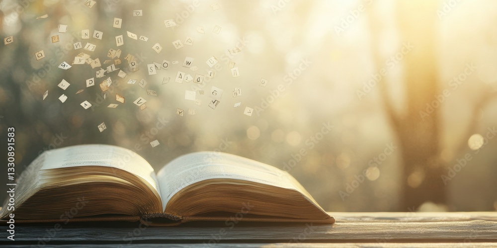 Fototapeta premium Magical book transformation enchanted forest digital art natural light close-up reading and imagination