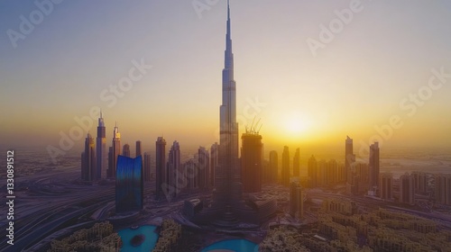 Spectacular Dubai Skyline at Sunset, A Modern Metropolis in Golden Light