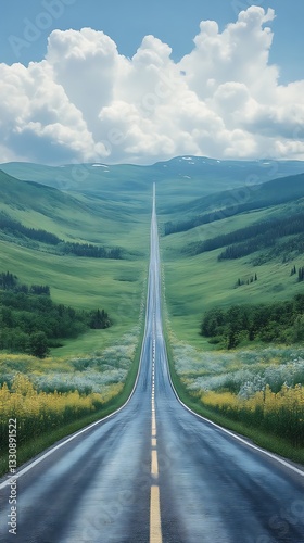 Road vanishes in green valley with mountains view