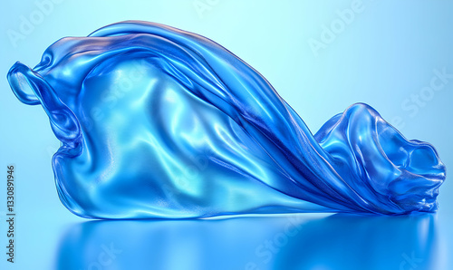 Abstract swirling blue silk fabric, elegant flowing textile, 3D render, smooth texture, light blue background, luxurious drape.