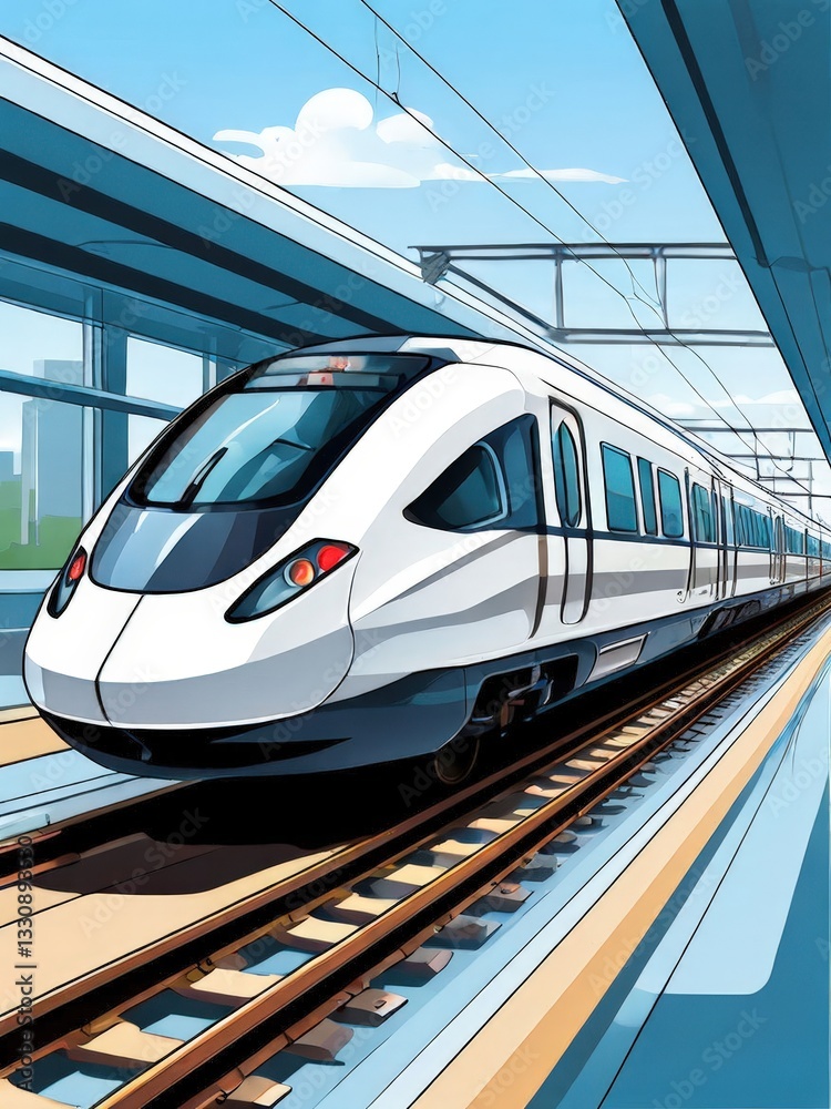 Fototapeta premium an AI Image Generator, Modern High-Speed Train on Railway Tracks w