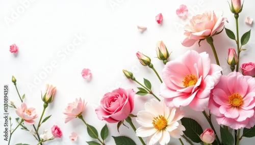 Wallpaper Mural Pastel roses, lilies, wildflowers on white background, petals, lilies Torontodigital.ca