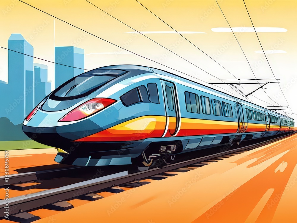 Naklejka premium an AI Image Generator, Modern High-Speed Train on Railway Tracks w