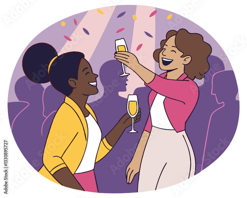 Smile, women and dance with champagne at nightclub for birthday celebration, social reunion or luxury party. Excited, friends and wine glass for new years, 