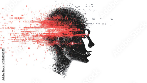 The image is an abstract illustration depicting a human head in profile, rendered in shades of black and white. The head is composed of a collection of small particles or data points, suggesting a