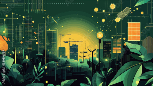 Digital illustration depicting a futuristic cityscape partially obscured by lush green foliage.  The city features tall buildings, construction cranes, and illuminated streetlights.  A warm yellow