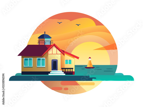 Beach house and hilltop house in a sunny landscape with trees and clouds