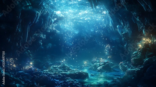 33. A glowing luminescent underwater cave background