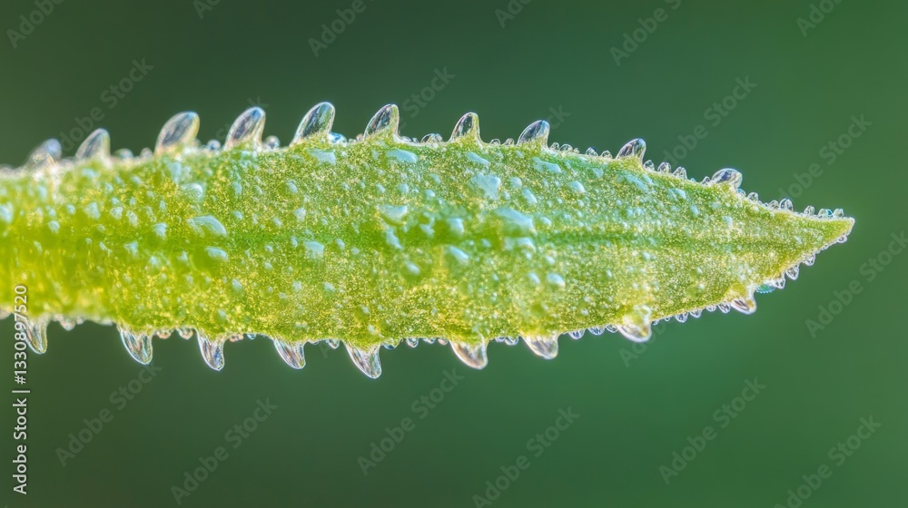 Naklejka premium Close-up of dew-covered green leaf with spiky edges in nature