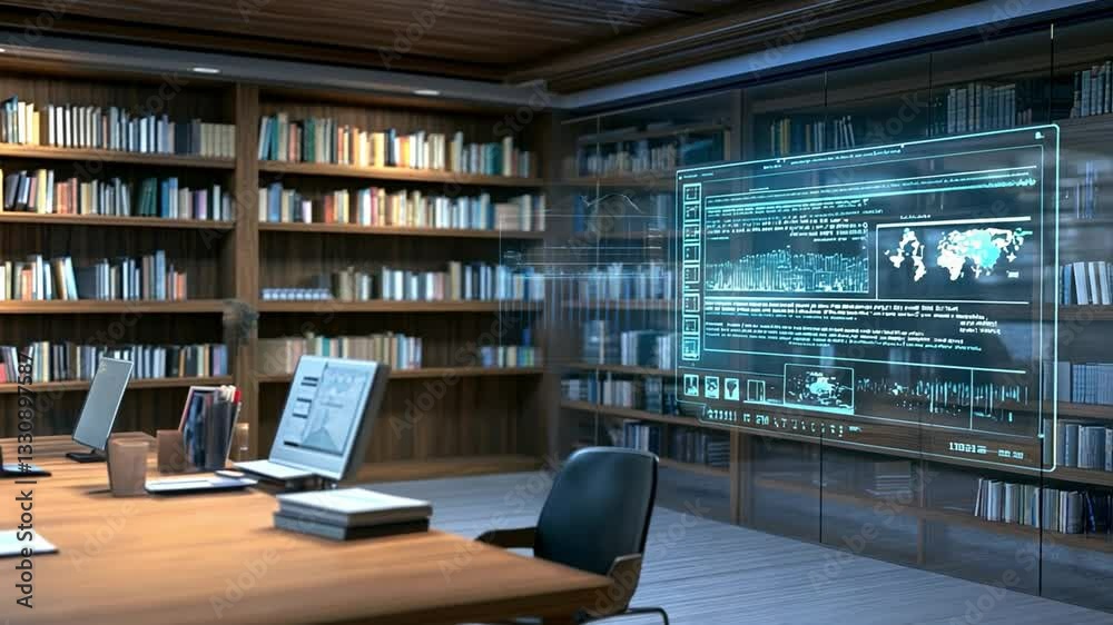 Library of the Future: Futuristic library interior with multiple computers and interactive display, showcasing a blend of modern technology within traditional library setting.