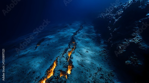 28. A dark and mysterious underwater rift with glowing cracks in the ocean floor photo