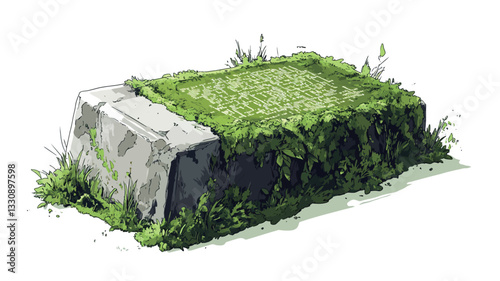 Digital illustration of a rectangular stone block heavily covered in green moss and other vegetation. The stone is light grey with darker grey accents, appearing weathered and aged. The moss is