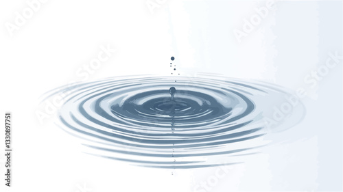 Close-up image of a single water droplet impacting a smooth water surface, creating concentric ripples. The color palette is predominantly cool-toned blues and grays against a white background. The