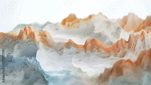Close-up shot of an abstract three-dimensional representation of a mountain range.  The image features a textured surface with varying heights and depths, primarily in shades of white, orange, and