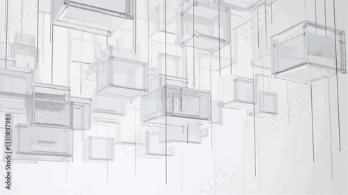 The image depicts numerous translucent, wireframe cubic forms suspended at varying heights against a plain white background.  The cubes are rendered in shades of grey, appearing almost skeletal in