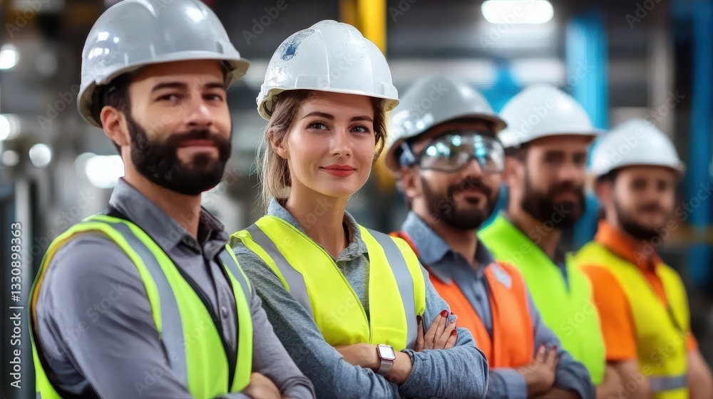 Confident Engineering Team in Safety Gear at an Industrial Worksite, Leadership & Collaboration Confident Engineering Team in Safety Gear at an Industrial Worksite, Leadership & Collaboration