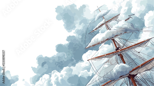 Digital painting or illustration depicting a sailing ship's masts and sails partially obscured by voluminous, stylized clouds. The color palette is primarily composed of whites, grays, and light